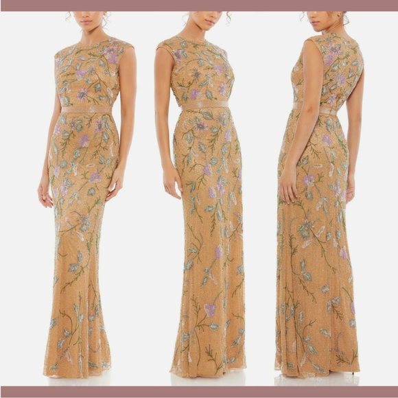 NWT $598 Mac Duggal [ 18 ] Floral Beaded Cap Sleeve Evening Gown in Caramel Q638